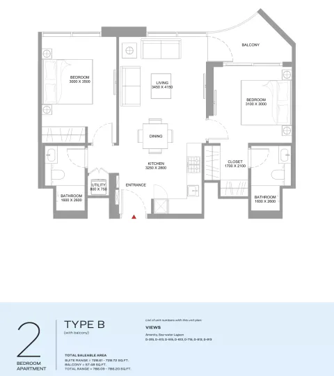 Floor plan, 2 Beds, 786 sq ft