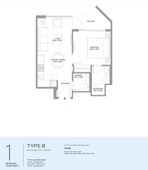 Floor plan, 1 Bed, 520 sq ft
