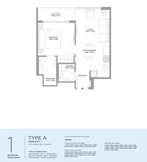 Floor plan, 1 Bed, 510 sq ft