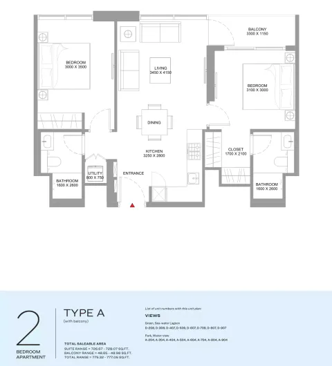 Floor plan, 2 Beds, 775 sq ft