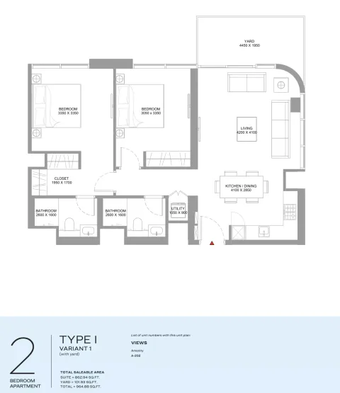 Floor plan, 2 Beds, 965 sq ft