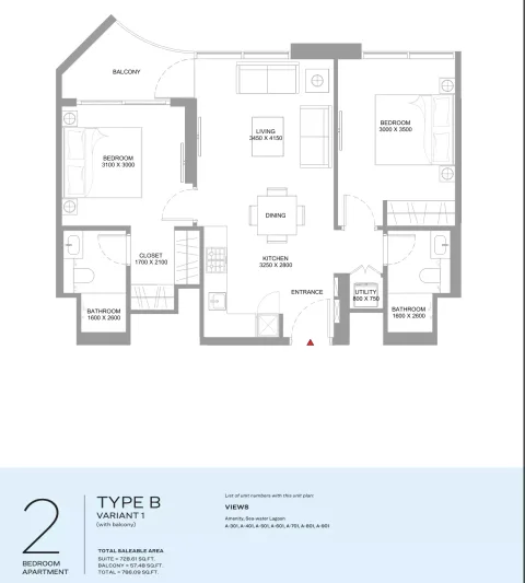 Floor plan, 2 Beds, 786 sq ft