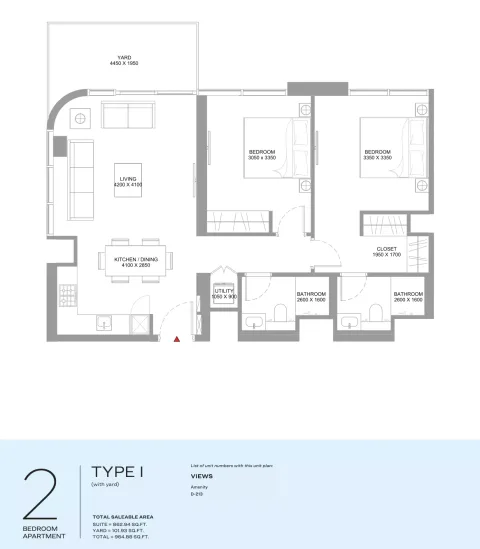 Floor plan, 2 Beds, 965 sq ft