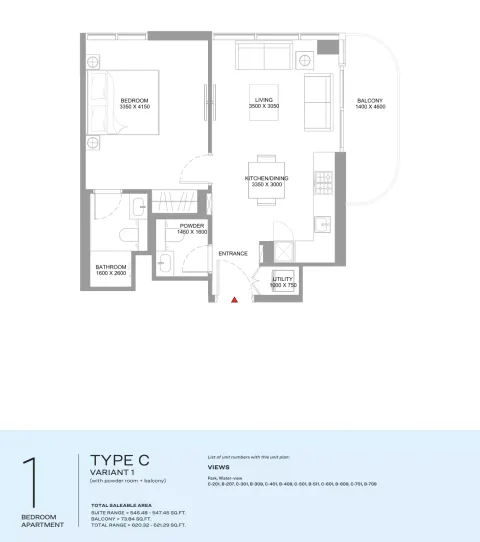 Floor plan, 1 Bed, 621 sq ft