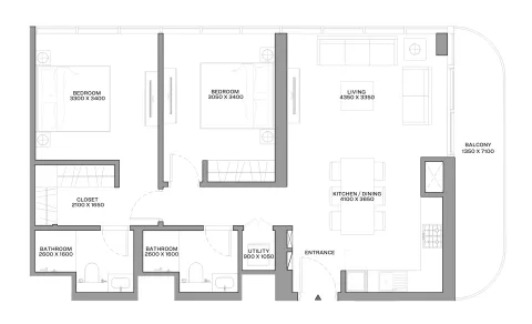 Floor plan, 2 Beds, 989 sq ft