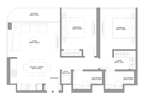 Floor plan, 2 Beds, 874 sq ft