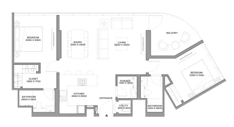 Floor plan, 2 Beds, 1,029 sq ft