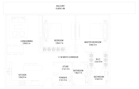 Floor plan, 2 Beds, 1,376 sq ft