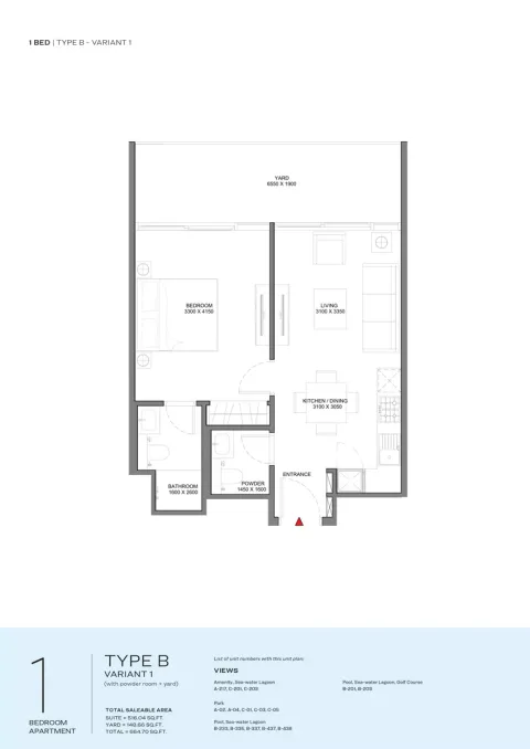 Floor plan, 1 Bed, 664 sq ft
