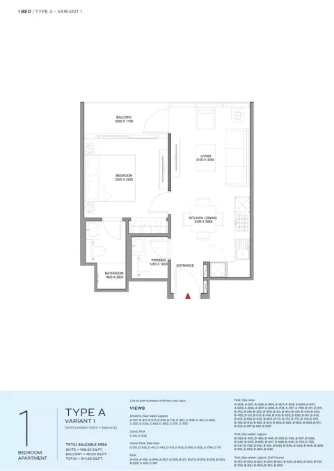 Floor plan, 1 Bed, 514 sq ft