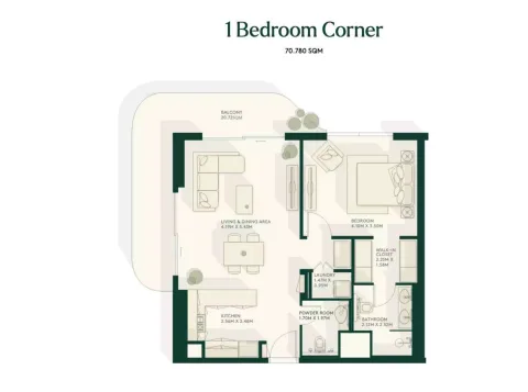 Floor plan, 1 Bed, 761 sq ft