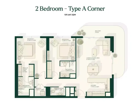 Floor plan, 2 Beds, 1,180 sq ft