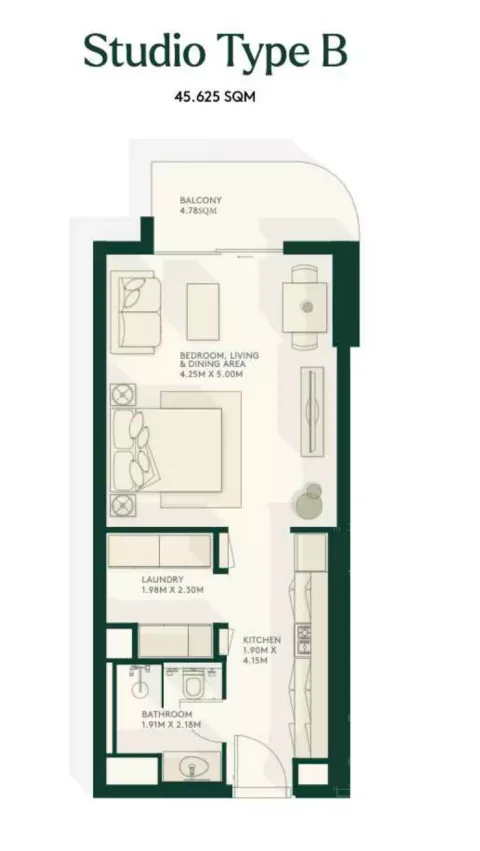 Floor plan, Studio, 491 sq ft