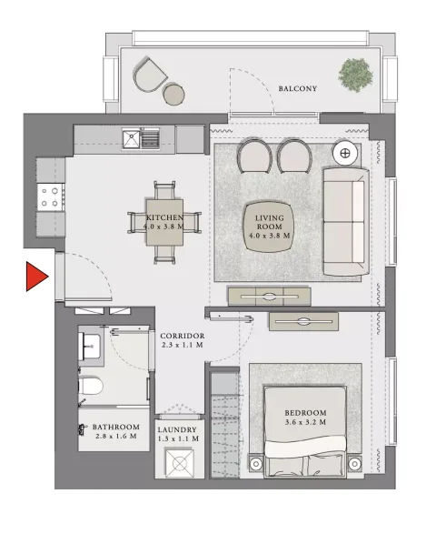 Floor plan, 1 Bed, 729 sq ft