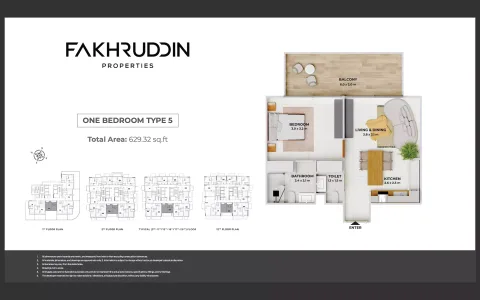 Floor plan, 1 Bed, 629 sq ft