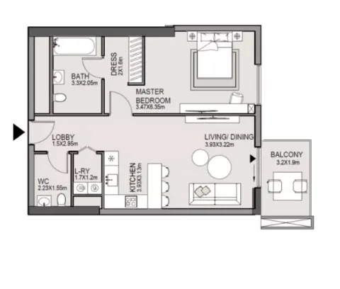 Floor plan, 1 Bed, 645 sq ft