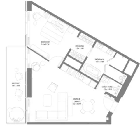 Floor plan, 1 Bed, 1,012 sq ft