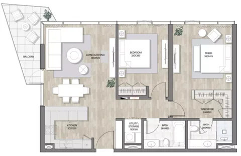 Floor plan, 2 Beds, 1,163 sq ft