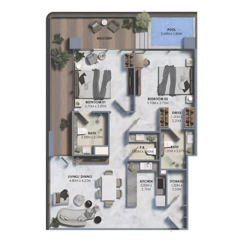 Floor plan, 2 Beds, 1,226 sq ft