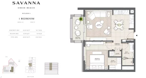 Floor plan, 1 Bed, 696 sq ft