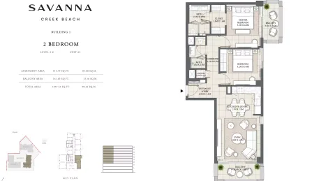 Floor plan, 2 Beds, 1,057 sq ft