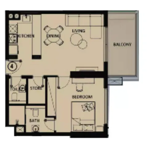 Floor plan, 1 Bed, 668 sq ft