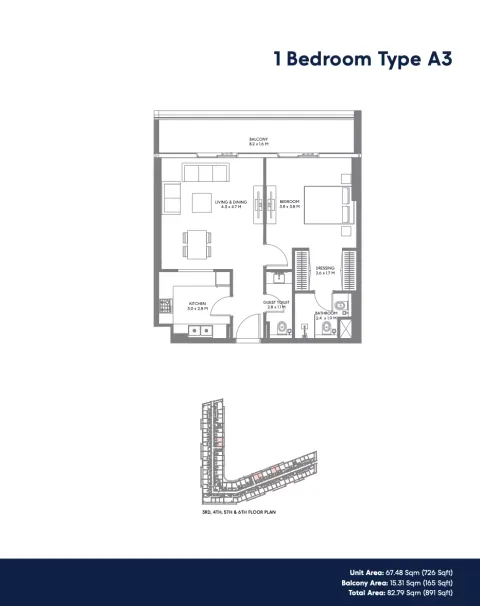 Floor plan, 1 Bed, 891 sq ft