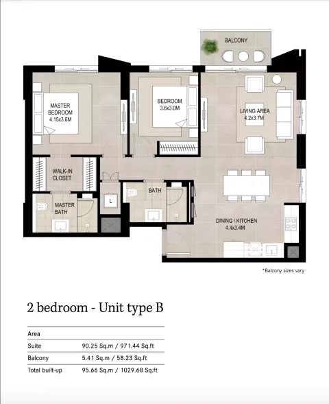 Floor plan, 2 Beds, 1,029 sq ft
