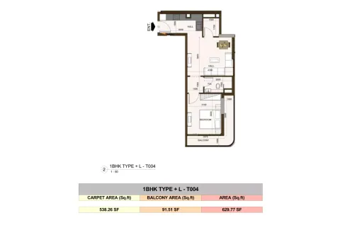 Floor plan, 1 Bed, 629 sq ft