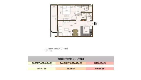 Floor plan, 1 Bed, 696 sq ft