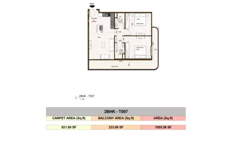 Floor plan, 2 Beds, 1,055 sq ft