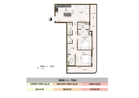 Floor plan, 2 Beds, 1,219 sq ft