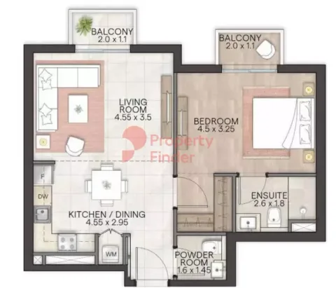 Floor plan, 1 Bed, 677 sq ft