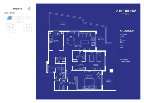 Floor plan, 2 Beds, 1,830 sq ft