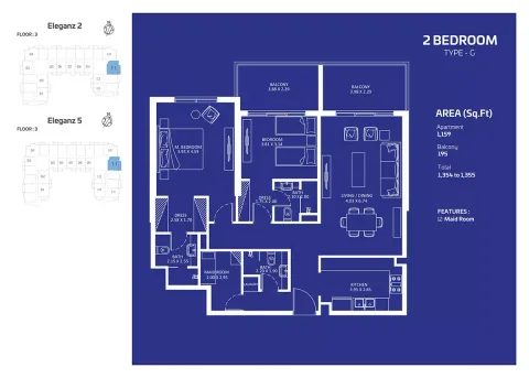Floor plan, 2 Beds, 1,355 sq ft