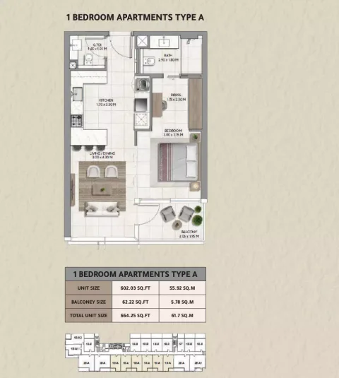 Floor plan, 1 Bed, 664 sq ft