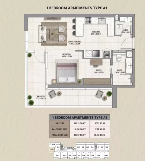 Floor plan, 1 Bed, 812 sq ft