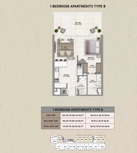 Floor plan, 1 Bed, 725 sq ft