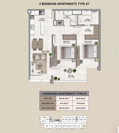 Floor plan, 2 Beds, 861 sq ft