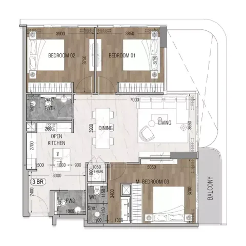 Floor plan, 3 Beds, 1,181 sq ft