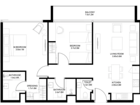 Floor plan, 2 Beds, 977 sq ft