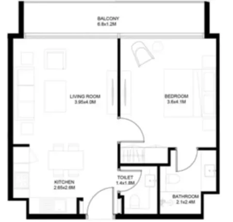 Floor plan, 1 Bed, 677 sq ft