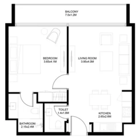 Floor plan, 1 Bed, 680 sq ft