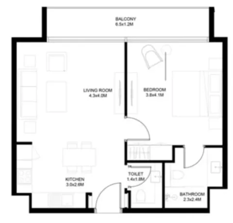 Floor plan, 1 Bed, 718 sq ft