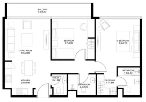 Floor plan, 2 Beds, 980 sq ft