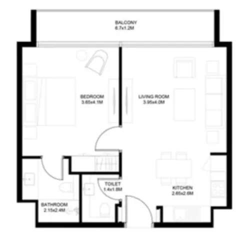 Floor plan, 1 Bed, 677 sq ft