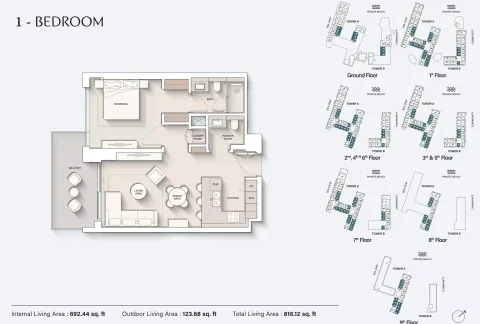 Floor plan, 1 Bed, 816 sq ft