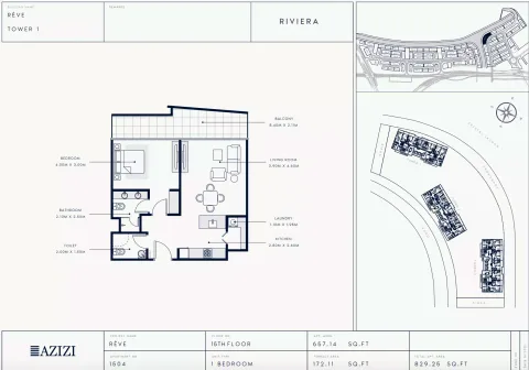 Floor plan, 1 Bed, 829 sq ft