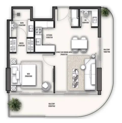 Floor plan, 1 Bed, 901 sq ft