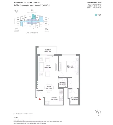 Floor plan, 1 Bed, 698 sq ft